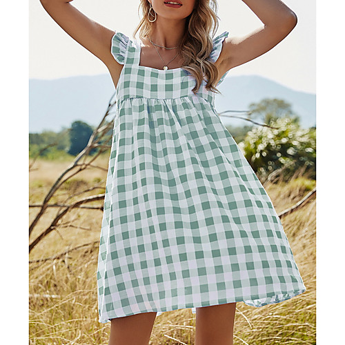 

Women's A Line Dress Short Mini Dress Blue Green Sleeveless Check Ruffle Patchwork Fall Summer Square Neck Elegant Casual 2021 S M L XL