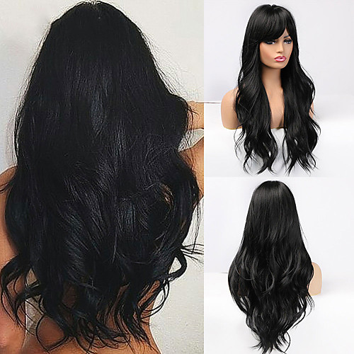 

Long Black Wigs Cosplay Body Wave Synthetic Wigs with Full Bangs For White/Black Women Brazilian American Natural Hair