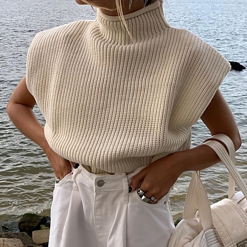 

2021 spring new aliexpress amazon solid color sleeveless half high neck fashion casual top sweater vest