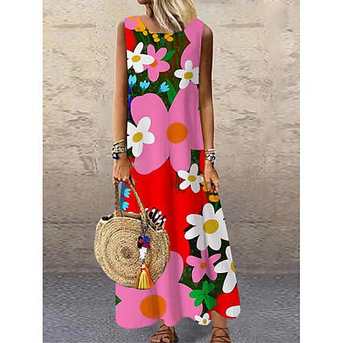 

Women's Shift Dress Maxi long Dress Fuchsia Sleeveless Floral Print Print Spring Summer Round Neck Casual 2021 S M L XL XXL 3XL
