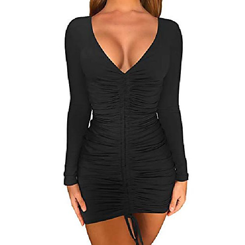 

tob women's sexy adjustable ruched long sleeves party bodycon mini dress black