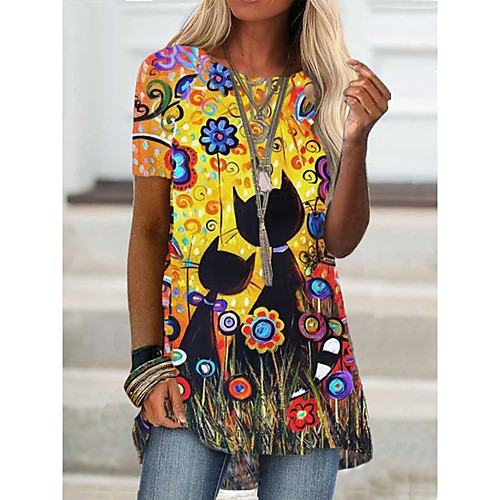 

Women's T shirt Floral Cat Graphic Print Round Neck Tops Basic Basic Top Blue Purple Red