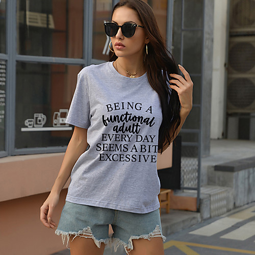 

Women's T shirt Text Print Round Neck Tops Cotton Basic Basic Top White Black Purple