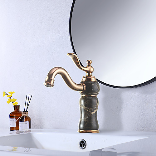 

Bathroom Sink Faucet Luxury Stone Heavy Duty Style Single Handle Single Hole All Copper / Brass and Natural Coffee Marble Rose Gold Lavatory Vanity Sink Faucet Deck Mount Hot and Cold Mixer Tap Faucet