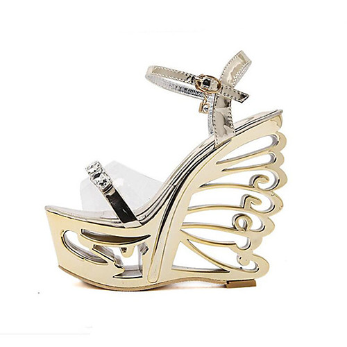

Women's Sandals Wedge Heel Round Toe PU Buckle Solid Colored Gold Silver