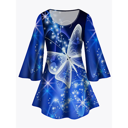 

Women's Plus Size Print Graphic Butterfly Tunic Large Size Crewneck 3/4 Length Sleeve Basic Tops XL XXL 3XL Blue Big Size