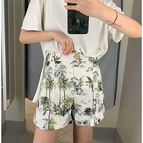 

Women's Basic Chino Comfort Holiday Weekend Shorts Pants Plants Flamingo Full Length Pocket Print White