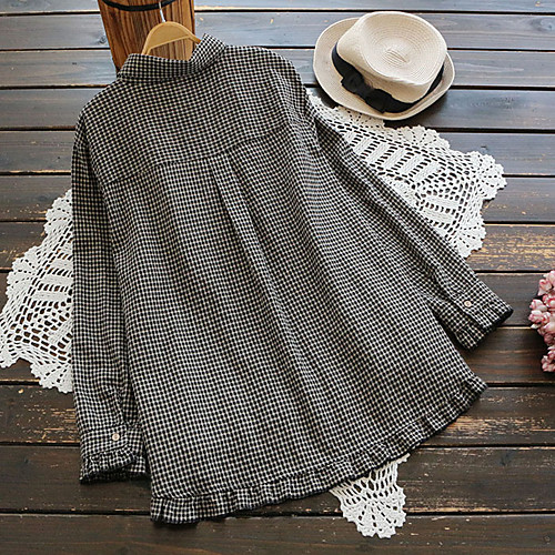 

2020 new plus size autumn women's japanese style cotton and linen ruffled plaid lapel long-sleeved shirt shirt shirt
