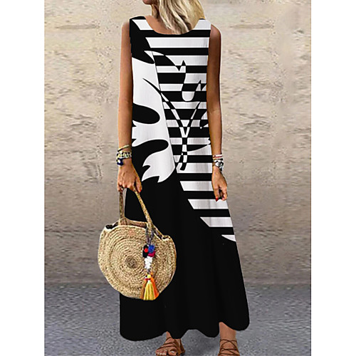 

Women's Shift Dress Maxi long Dress Black Sleeveless Print Color Block Print Spring Summer Round Neck Casual 2021 S M L XL XXL 3XL