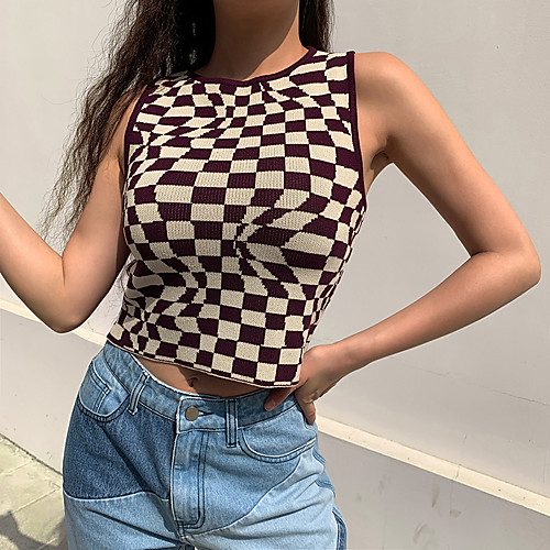 

2021 plaid vest women's new european and american style woolen round neck top women's casual sleeveless t-shirt