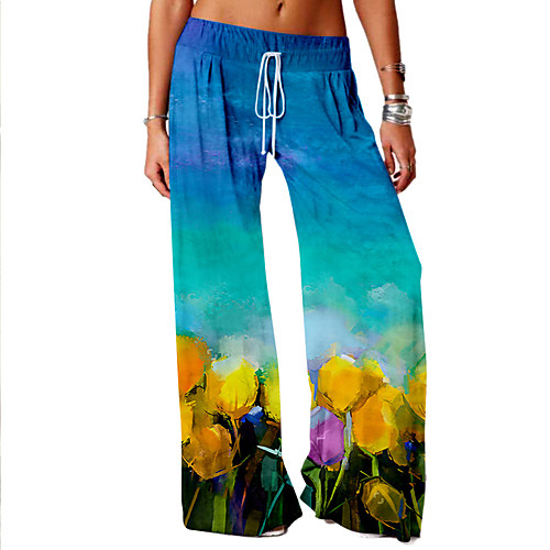 

Women's Basic Soft Comfort Daily Home Chinos Pants Plants Flower / Floral Full Length Elastic Drawstring Design Print Blue Yellow Green