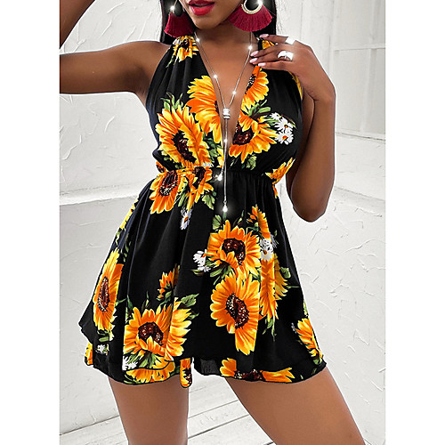 

Women's A Line Dress Short Mini Dress Black Yellow Long Sleeve Floral Backless Print Summer Halter Neck Elegant Casual 2021 S M L XL