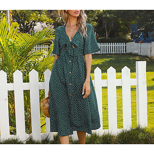 

Women's A Line Dress Midi Dress Black Blushing Pink Wine Army Green Royal Blue Short Sleeve Polka Dot Summer Sexy 2021 S M L XL