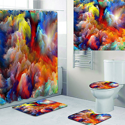 

Oil Painting Printed Bathtub Curtain liner Covered with Waterproof Fabric shower Curtain for Bathroom home Decoration with hook floor mat and four-piece Toilet mat