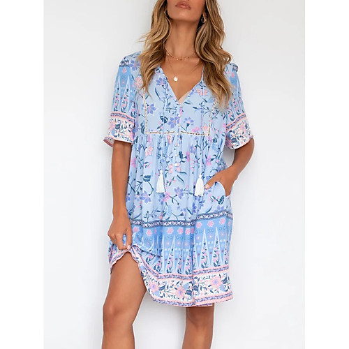 

Women's Shift Dress Knee Length Dress Blue Short Sleeve Floral Fall Summer V Neck Elegant 2021 S M L XL XXL