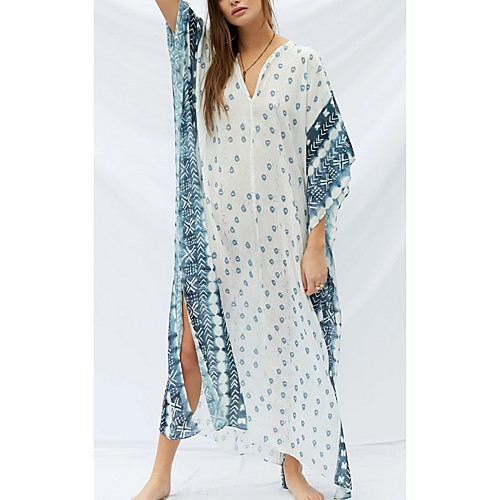 

Women's Swing Dress Maxi long Dress White Blue Half Sleeve Geometric Print Fall Summer V Neck Elegant Casual 2021 One-Size
