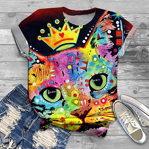 

Women's Plus Size Print Cat Graphic Animal T shirt Large Size Crewneck Short Sleeve Basic Tops XL XXL 3XL Black Yellow Big Size