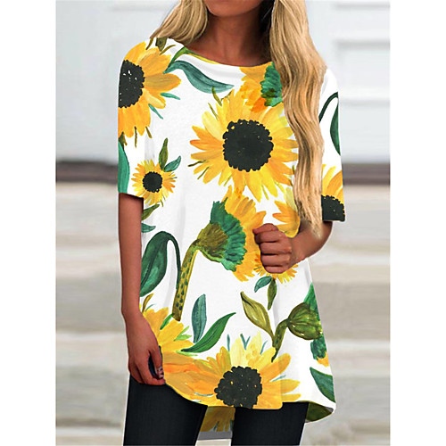 

Women's T Shirt Dress Tee Dress Short Mini Dress White Half Sleeve Floral Color Block Print Spring Summer Round Neck Casual 2021 S M L XL XXL 3XL