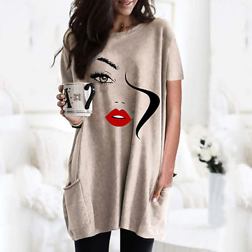 

Women's T shirt Dress Graphic Portrait Round Neck Tops Basic Basic Top Black Wine Army Green