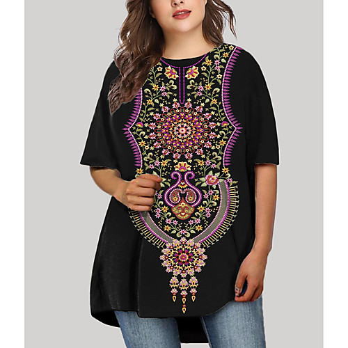 

Women's Plus Size Dresses T Shirt Dress Tee Dress Short Mini Dress Half Sleeve Floral Graphic Tribal Print Basic Fall Black XL XXL 3XL 4XL 5XL / Holiday