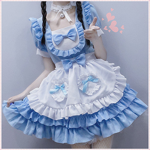 

Lolita Cute Dress Women's Japanese Cosplay Costumes Light Blue Solid Color / Apron