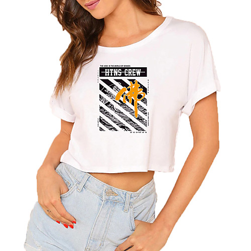 

Women's Crop Tshirt Graphic Text Print Round Neck Tops 100% Cotton Basic Basic Top White Black