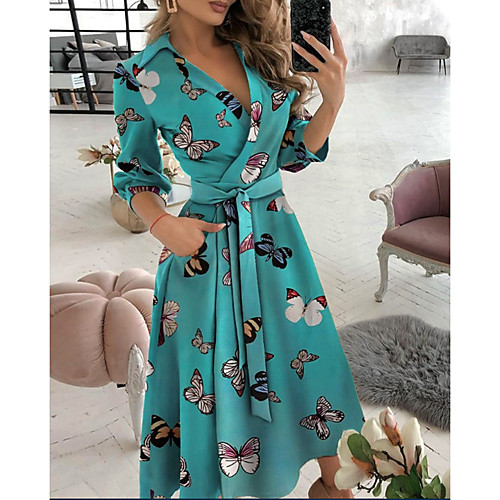 

Women's A Line Dress Midi Dress Tie dye Letter printing Butterfly print Big wave point Small dots Diamond printing khaki Sky Blue Black Red Long Sleeve Pattern Lace up Pocket Fall Spring V Neck Casual