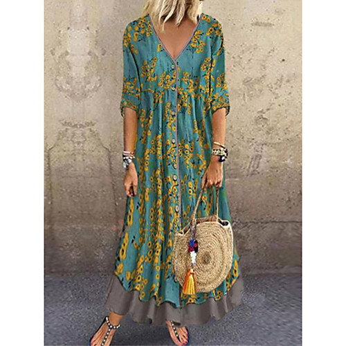 

Women's A Line Dress Maxi long Dress Dark Yellow Red Green Dark Blue Gray Half Sleeve Floral Layered Button Print Spring & Summer Deep V Hot Casual Vintage Holiday vacation dresses Loose 2021 M L XL