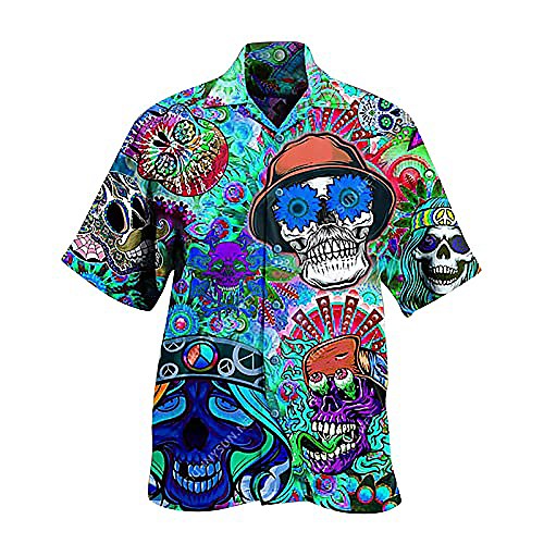 

suoyi men's individual design skull flower print short sleeve casual loose beach hawaiian shirt hawaiian blue