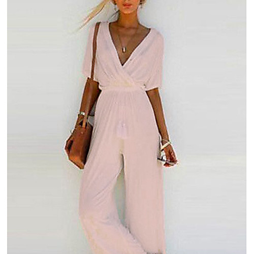 

Women's Basic Casual Casual Daily V Neck Wide Leg Blushing Pink White Black Jumpsuit Solid Colored