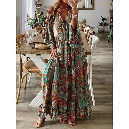 

Women's Swing Dress Maxi long Dress Photo Color 3/4 Length Sleeve Print Print Spring Summer V Neck Casual Vintage Boho Holiday Beach Flare Cuff Sleeve Loose 2021 S M L XL XXL XXXL