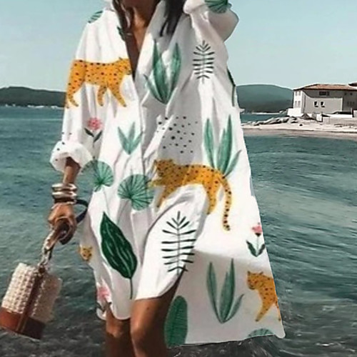 

Women's Shirt Dress Knee Length Dress White Blue Purple Red Yellow Blushing Pink Fuchsia Long Sleeve Floral Print Print Spring Summer V Neck Elegant Casual 2021 S M L XL XXL 3XL 4XL 5XL / Holiday