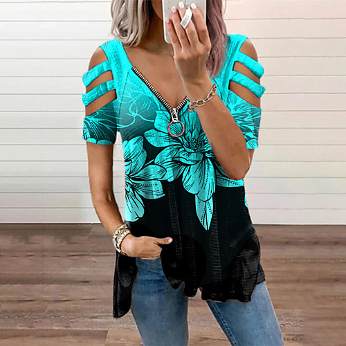 

Women's Blouse Floral Tie Dye Zipper V Neck Basic Tops Black Royal Blue Light Green