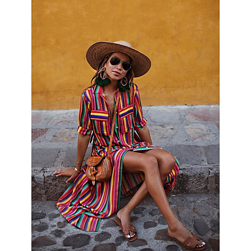 

Women's Swing Dress Maxi long Dress Rainbow Bar Black and white strips Half Sleeve Rainbow Striped Split Lace up Print Spring Summer Shirt Collar Stylish Casual Boho Beach 2021 S M L XL XXL