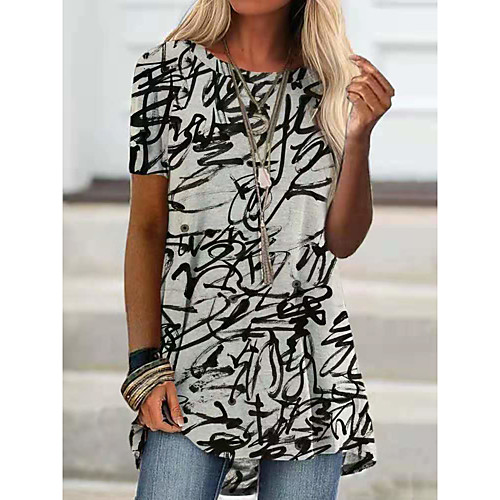 

Women's T shirt Graffiti Print Round Neck Tops Basic Basic Top Black
