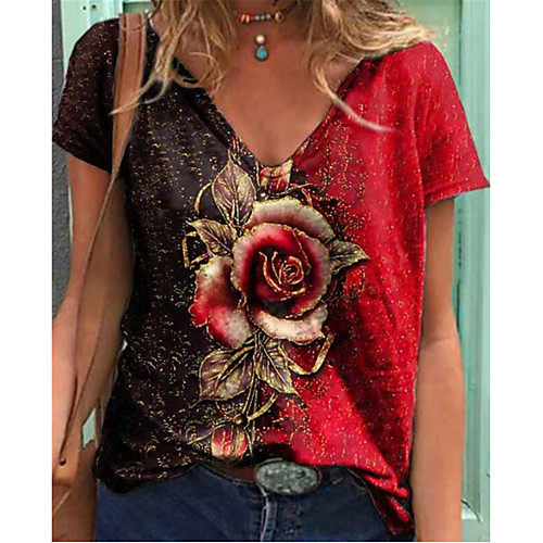 

Women's T shirt Flower Round Neck Tops Basic Basic Top Purple Red Orange