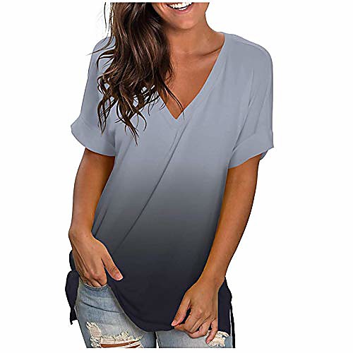 

Women's T shirt Color Gradient V Neck Basic Tops Light Pink WhitePurple Greenblue