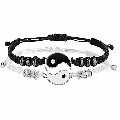 best friend bracelets for 2 matching yin yang adjustable cord bracelet for bff friendship relationship boyfriend girlfriend valentines gift (silver)