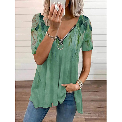 

Women's Bohemian Theme Blouse Shirt Floral Zipper V Neck Basic Tops Green Beige