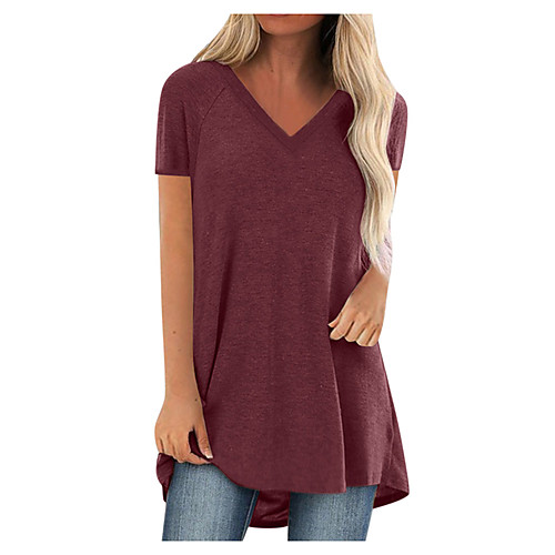 

womens tops and blouses summer comfy casual short sleeved v neck tunics loose flattering long t-shirt plus size red