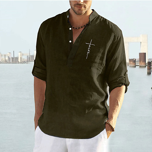 Men's Shirt Plain Collar Stand Collar Casual Daily Long Sleeve Tops Cotton Simple Casual Breathable Comfortable Green White Black / Hand wash / Washable / Wet and Dry Cleaning / Vacation / Holiday