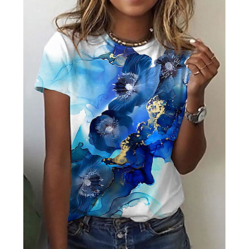 

Women's Abstract Geometric Painting T shirt Floral Graphic Print Round Neck Basic Tops Blue Red Green