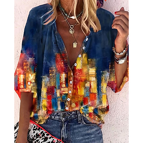 

Women's Blouse Shirt City Graphic Scenery Long Sleeve Print Standing Collar Ethnic Chinoiserie Tops Puff Sleeve Regular Fit Blue Yellow Wine