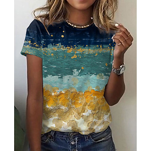 

Women's T shirt Scenery Color Block Print Round Neck Tops Basic Basic Top Blue