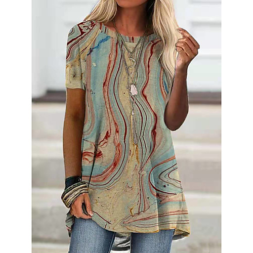 

Women's T shirt Dress Graffiti Print Round Neck Tops Basic Basic Top Khaki