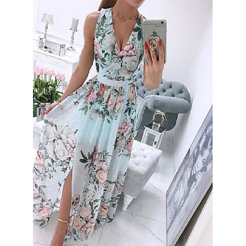 

Women's Swing Dress Maxi long Dress White Blue Purple Blushing Pink Sleeveless Floral Print Split Print Spring Summer V Neck Elegant Casual 2021 S M L XL XXL XXXL