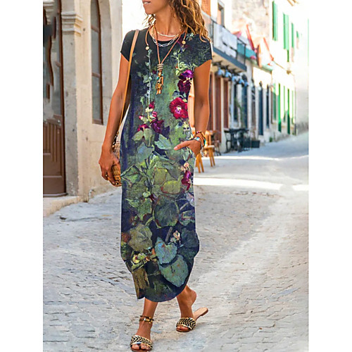 

Women's T Shirt Dress Tee Dress Maxi long Dress Dark Blue Short Sleeve Floral Print Summer Round Neck 2021 S M L XL XXL XXXL