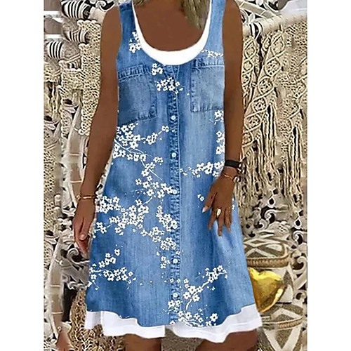 

Women's Shift Dress Knee Length Dress Blue Gray Brown Light Blue Sleeveless Floral Print Summer Boat Neck Chic & Modern Casual Loose 2021 S M L XL XXL 3XL 4XL