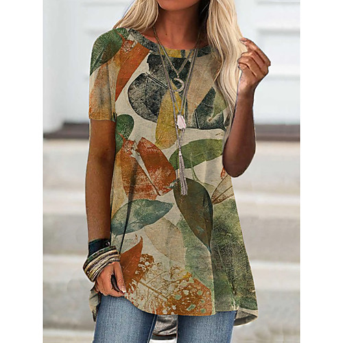 

Women's T shirt Plants Print Round Neck Basic Tops Khaki