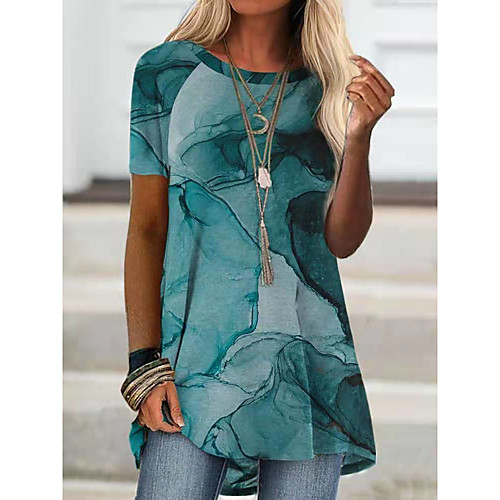 

Women's T shirt Dress Color Gradient Print Round Neck Tops Basic Basic Top Blue